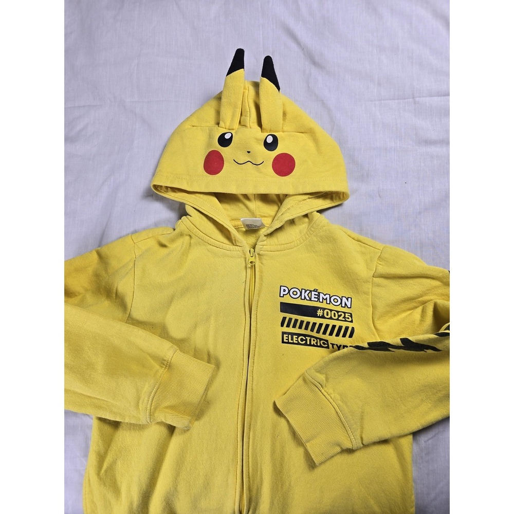 Pokémon Hoodie Kids 10/12 Yellow Fleece Pikachu Ears Full Zip Graphic Sweatshirt